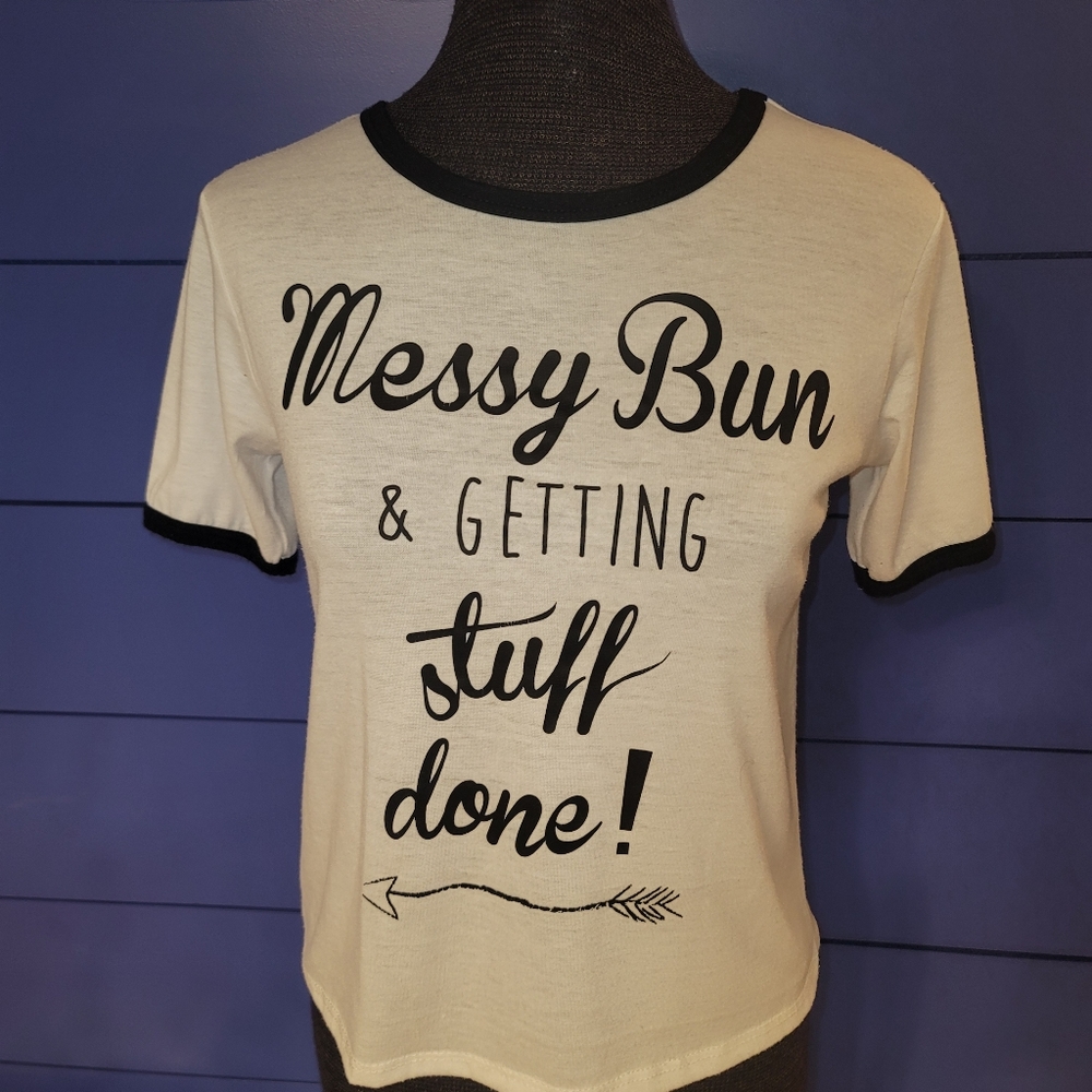 Rue 21 adorable easy to wear  t-shirt soft fabric fun Messy Bun
